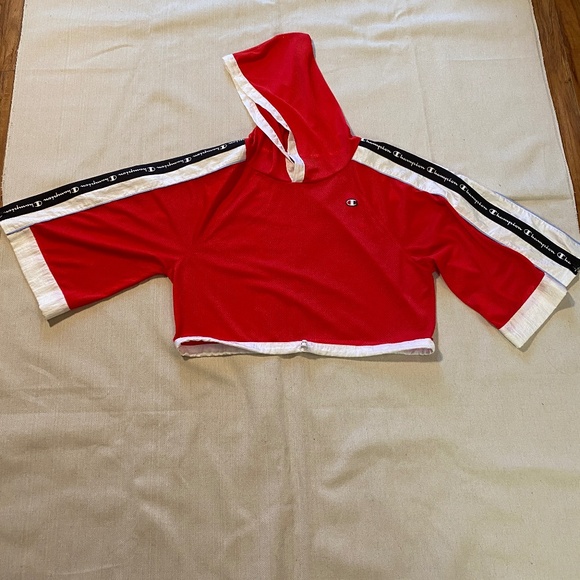 Champion Women's Red Mesh Cropped Hoodie Size M - Picture 2 of 9